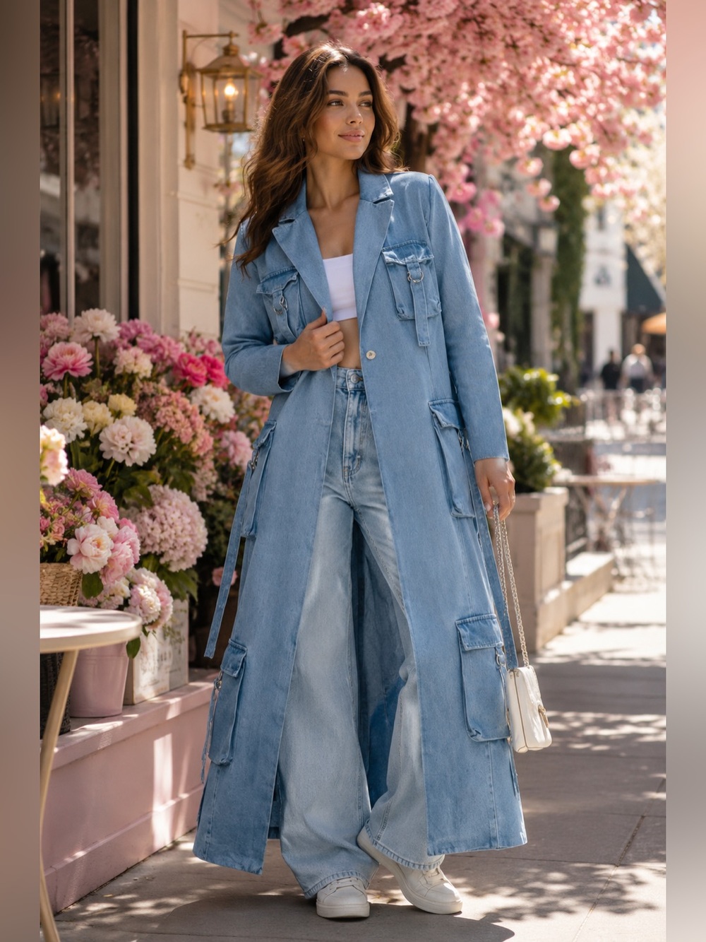 AKIRA Sky Blue Denim Trench Coat with Magnetic Closures